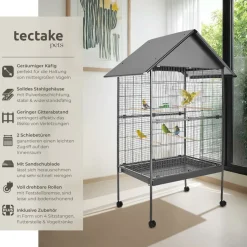 tectake® Vogelkäfig, in Hammerschlagoptik, 2 Türen und geringer Gitterabstand, 85 x 60 x 168 cm