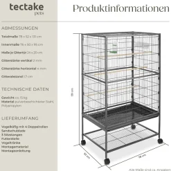 tectake® Vogelkäfig, in Hammerschlagoptik, 2 Schiebeöffnungen und geringer Gitterabstand, 78 x 52 x 131 cm