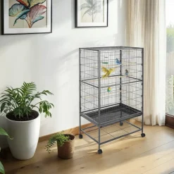 tectake® Vogelkäfig, in Hammerschlagoptik, 2 Schiebeöffnungen und geringer Gitterabstand, 78 x 52 x 131 cm