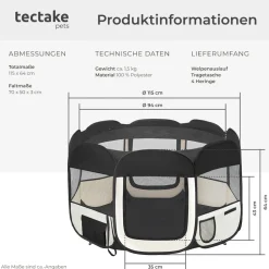 tectake® Welpenauslauf, faltbar, für Innen- und Außenbereich, 2 Eingänge und 6 Fenster, 115 x 115 x 64 cm, inklusive Tragetasche und Heringe