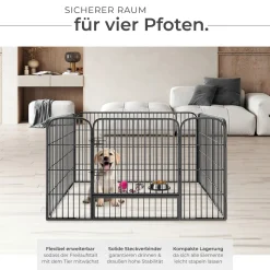tectake® Welpenauslauf, 4-teilig, faltbar, Türe mit Doppelverriegelung, einfache Montage