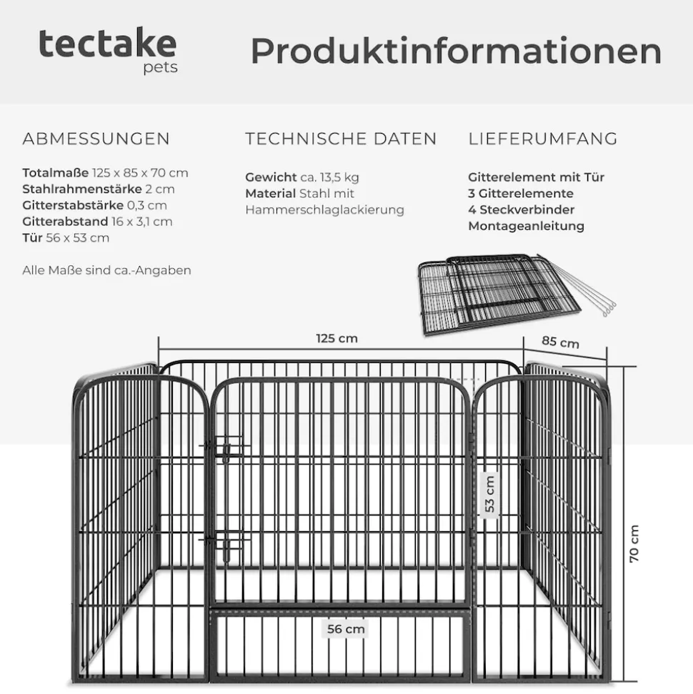 tectake® Welpenauslauf, 4-teilig, faltbar, Türe mit Doppelverriegelung, einfache Montage
