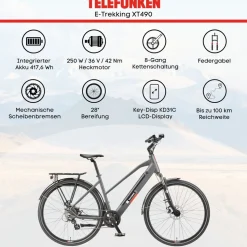 Telefunken Trekking E-Bike | Elektrofahrrad 28 Zoll | 8-Gang Kettenschaltung | Heckmotor 250W | 417,6Wh Akku | Pedelec XT490 Damen