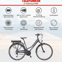 Telefunken Trekking E-Bike | Elektrofahrrad 28 Zoll | 21-Gang Kettenschaltung | Heckmotor 250W | 536,5Wh Akku | Pedelec XT485 Damen