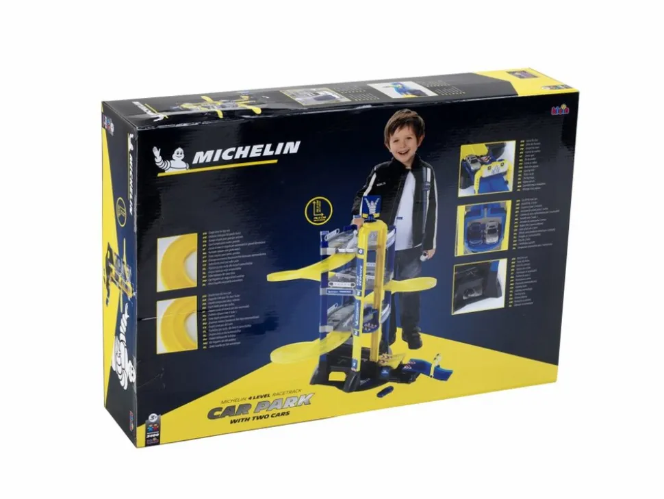 Theo Klein Michelin Service Parkhaus mit 4 Ebenen - mit Wippe, Sprungschanze und Rundenzähler, doppelte Abfahrtsrampen für Rennen, Aufzug und 2 Autos - Geeignet für Kinder ab 3 Jahren