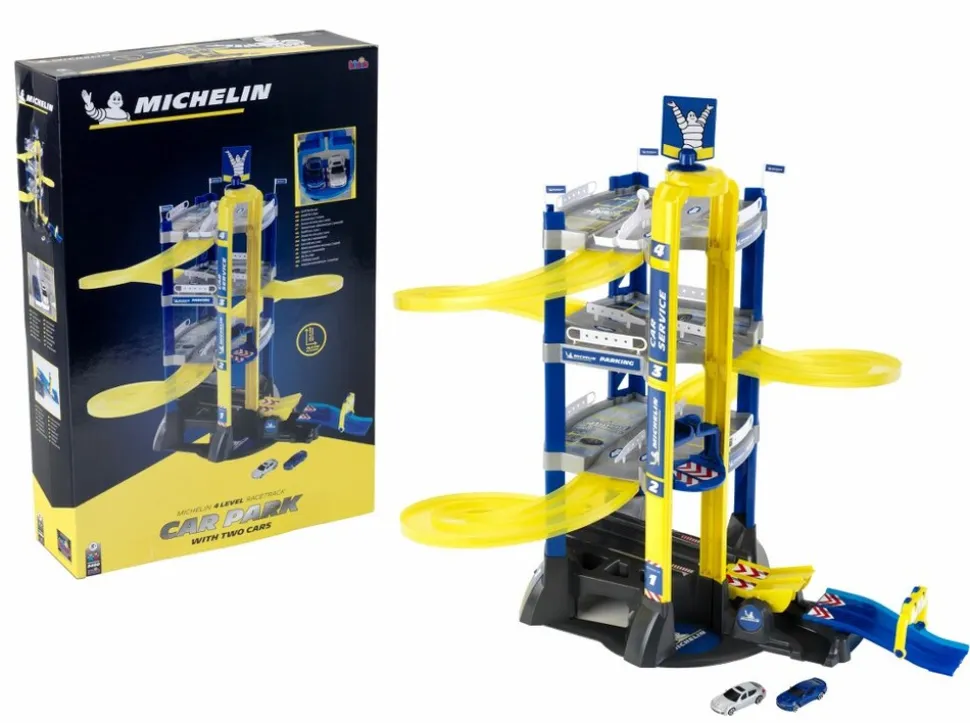 Theo Klein Michelin Service Parkhaus mit 4 Ebenen - mit Wippe, Sprungschanze und Rundenzähler, doppelte Abfahrtsrampen für Rennen, Aufzug und 2 Autos - Geeignet für Kinder ab 3 Jahren