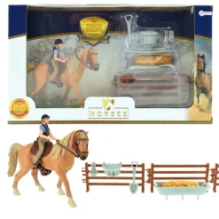 Toi-Toys 37160A - Braunes Pferd mit Reiter und Zubehör Horse Horses Pferdestall Zaun Pferdeset Reiterset
