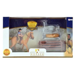 Toi-Toys 37160A - Braunes Pferd mit Reiter und Zubehör Horse Horses Pferdestall Zaun Pferdeset Reiterset