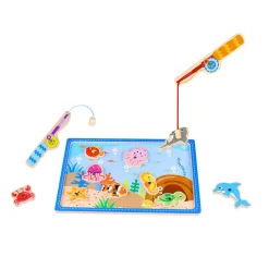 Tooky Toy Angelspiel TKF040 Holz 10 Meerestiere, 2 Angelstäbe magnetische Fische blau