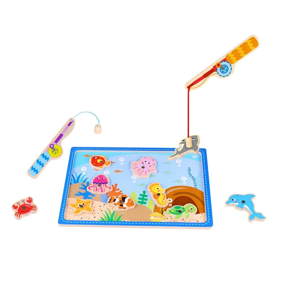 Tooky Toy Angelspiel TKF040 Holz 10 Meerestiere, 2 Angelstäbe magnetische Fische blau