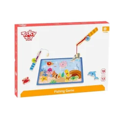 Tooky Toy Angelspiel TKF040 Holz 10 Meerestiere, 2 Angelstäbe magnetische Fische blau