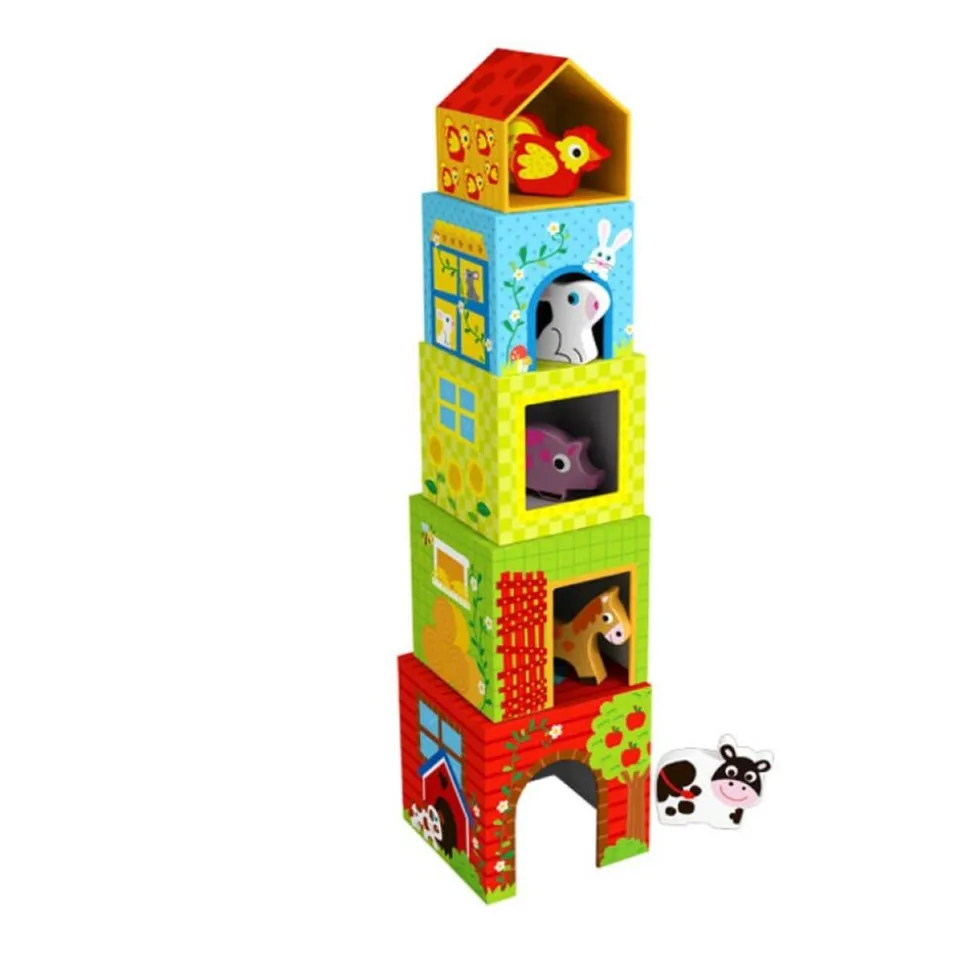 Tooky Toy Holz-Stapelpyramide TKF053 mit Bauernhoftieren, 10-teilig, Stapelturm bunt