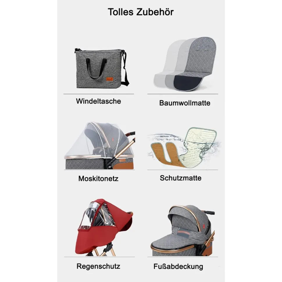 TPFLiving Kombi-Kinderwagen 3in1 Set - Modell 1 Stoff - Schokolade