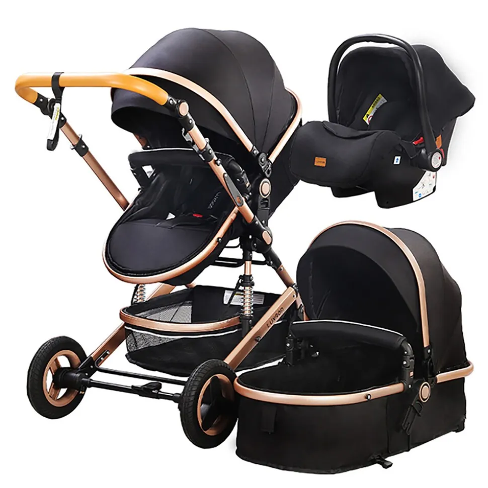 TPFLiving Kombi-Kinderwagen 3in1 Set - Modell Lux 7 Stoff - Schwarz