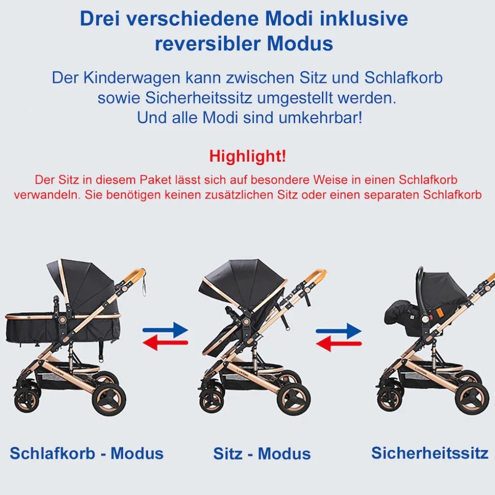 TPFLiving Kombi-Kinderwagen 3in1 Set - Modell Lux 7 Stoff - Schwarz