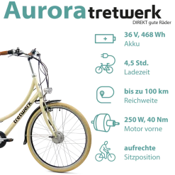 Tretwerk Aurora E Bike Damen 28 Zoll Elektrofahrrad 165 - 185 cm retro Hollandrad E Damenfahrrad mit Nabenschaltung und Rücktritt