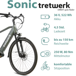Tretwerk Sonic Pedelec 28 Zoll E Bike Trekkingrad 160 - 180 cm Elektrofahrrad Trekking 8 Gänge Damen Herren Fahrrad