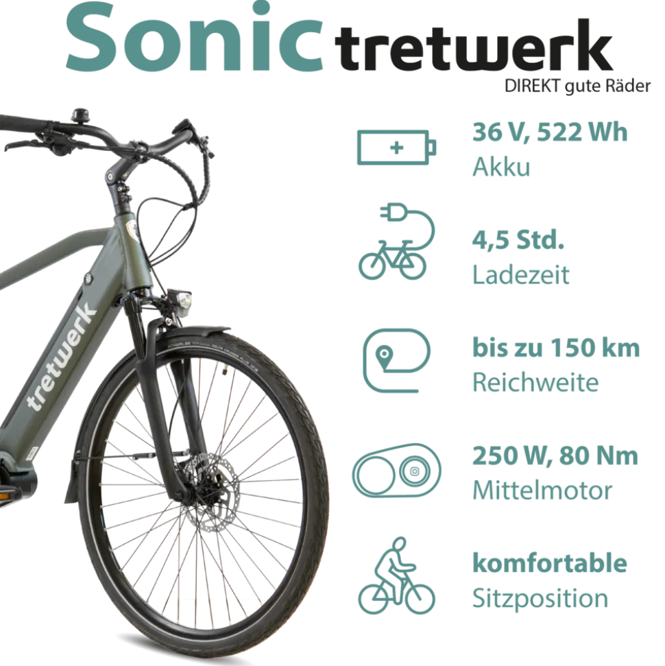 Tretwerk Sonic Pedelec 28 Zoll E Bike Trekkingrad 160 - 180 cm Elektrofahrrad Trekking 8 Gänge Damen Herren Fahrrad