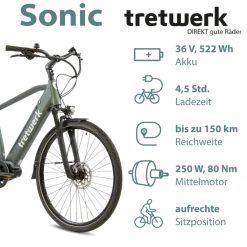 Tretwerk Sonic Pedelec 28 Zoll E Bike Trekkingrad 160 - 180 cm Elektrofahrrad Trekking 8 Gänge Damen Herren Fahrrad