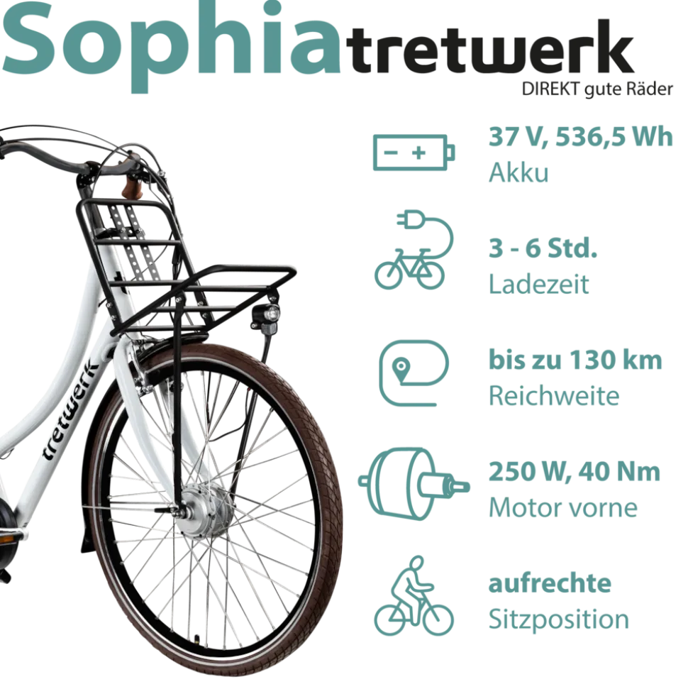 Tretwerk Sophia E Bike Damen Herren 28 Zoll Pedelec 3 Gang Elektrofahrrad mit 536 Wh Elektro Damenfahrrad Citybike mit Bluetooth und App