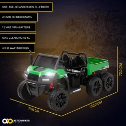 UTV-Kinder-Elektroauto A730 mit 6x4 Vierradantrieb, 2-Sitzer, Kippmulde, Fernbedienung, EVA-Reifen (Grün/Schwarz)