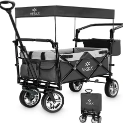 VESKA Bollerwagen faltbar mit Dach Handwagen Transportwagen anthrazit/grau