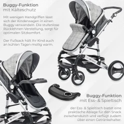 VESKA® 3 in 1 Kombi-Kinderwagen Buggy Reisebuggy inkl. Auto- Babyschale Jogger Faltbar - Silber - anthrazit/grau