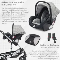 VESKA® 3 in 1 Kombi-Kinderwagen Buggy Reisebuggy inkl. Auto- Babyschale Jogger Faltbar - Silber - anthrazit/grau