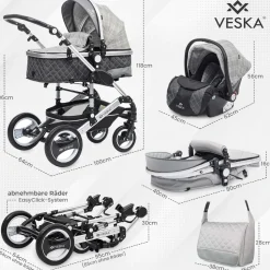 VESKA® 3 in 1 Kombi-Kinderwagen Buggy Reisebuggy inkl. Auto- Babyschale Jogger Faltbar - Silber - anthrazit/grau