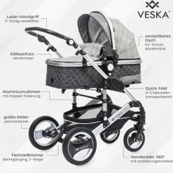 VESKA® 3 in 1 Kombi-Kinderwagen Buggy Reisebuggy inkl. Auto- Babyschale Jogger Faltbar - Silber - anthrazit/grau