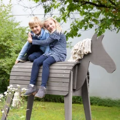 Voltigier- & Outdoor-Pferd, Massivholz grau lasiert, Gartenpferd mit Ma¨hne & Schweif