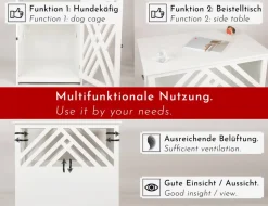 WONDERMAKE® Design Hundekäfig aus Holz für Zuhause Wohnung mit Beistelltisch, Hundebox fürs Wohnzimmer Indoor, 90x60 cm weiß