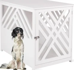 WONDERMAKE® Design Hundekäfig aus Holz für Zuhause Wohnung mit Beistelltisch, Hundebox fürs Wohnzimmer Indoor, 90x60 cm weiß
