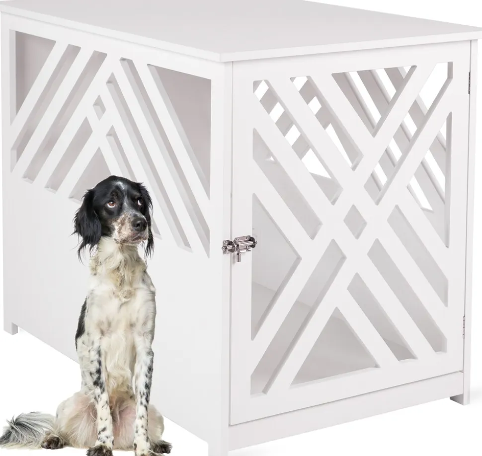 WONDERMAKE® Design Hundekäfig aus Holz für Zuhause Wohnung mit Beistelltisch, Hundebox fürs Wohnzimmer Indoor, 90x60 cm weiß