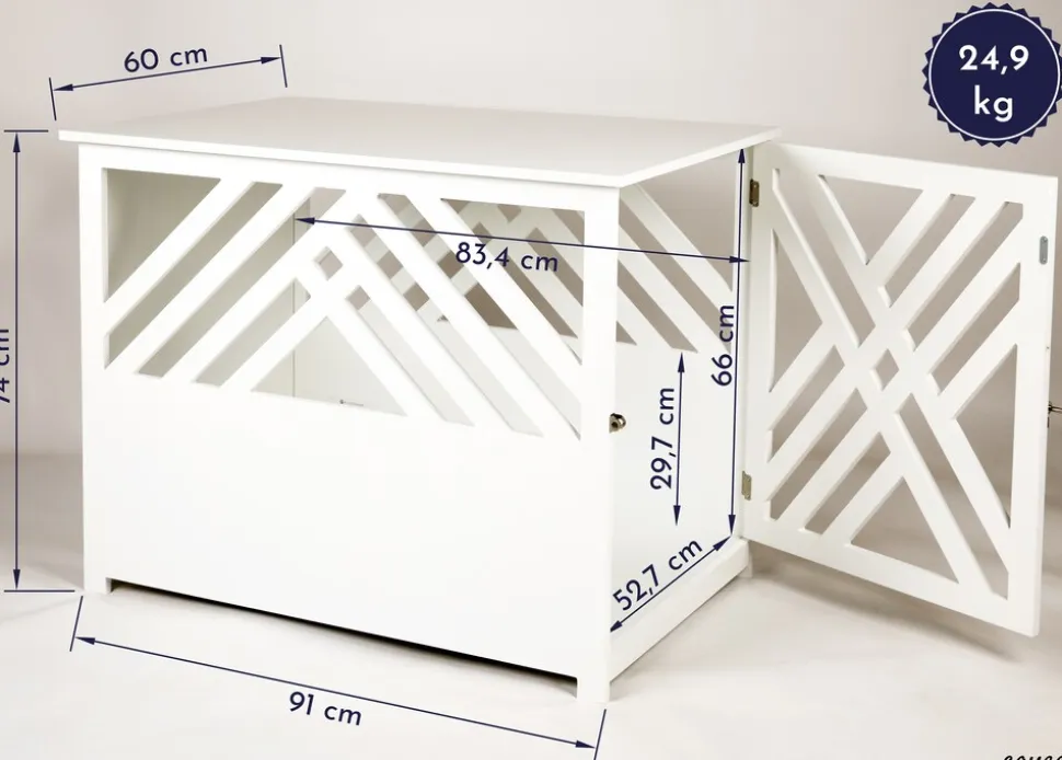 WONDERMAKE® Design Hundekäfig aus Holz für Zuhause Wohnung mit Beistelltisch, Hundebox fürs Wohnzimmer Indoor, 90x60 cm weiß