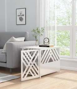 WONDERMAKE® Design Hundekäfig aus Holz für Zuhause Wohnung mit Beistelltisch, Hundebox fürs Wohnzimmer Indoor, 90x60 cm weiß