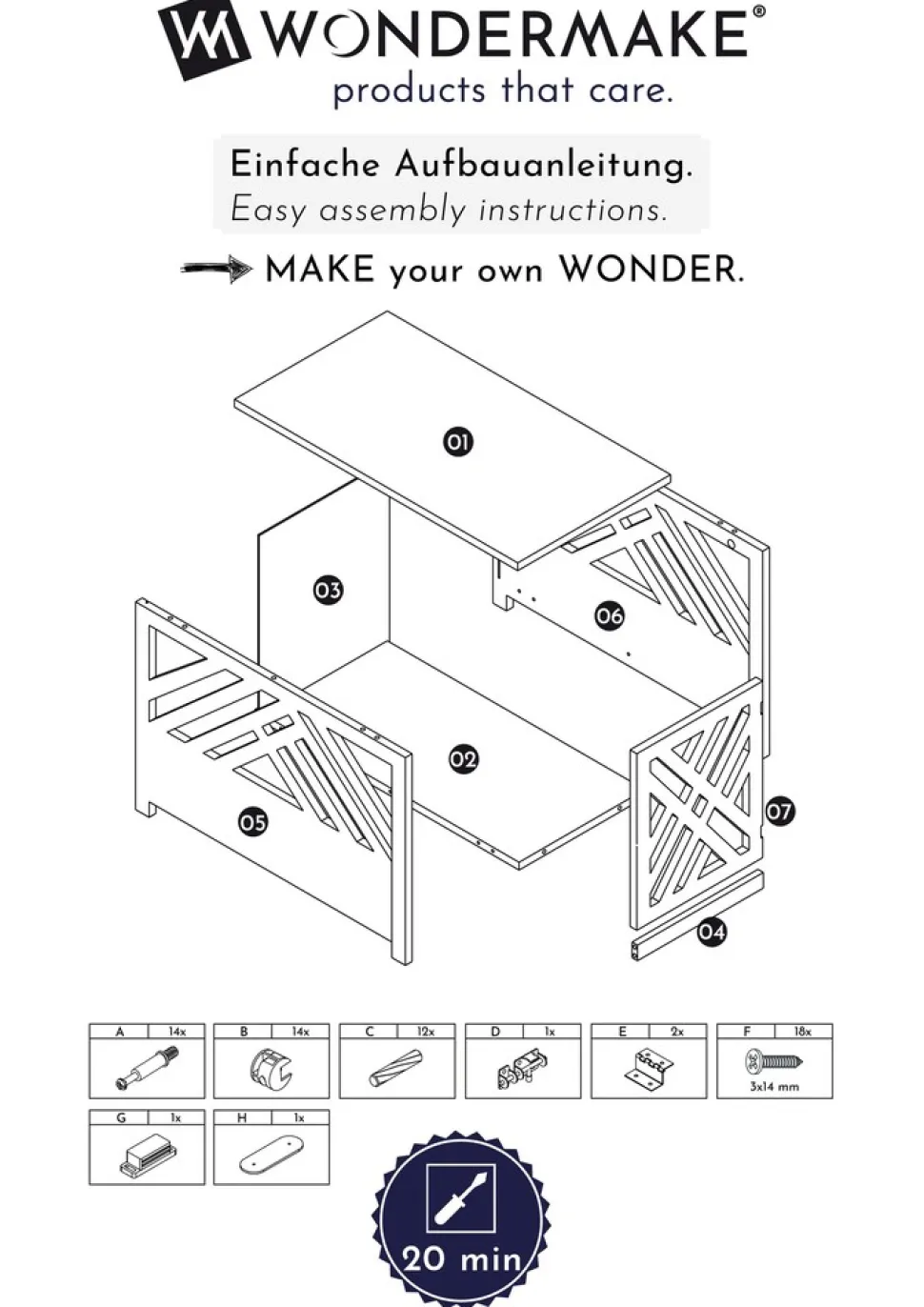 WONDERMAKE® Design Hundekäfig aus Holz für Zuhause Wohnung mit Beistelltisch, Hundebox fürs Wohnzimmer Indoor, 90x60 cm weiß