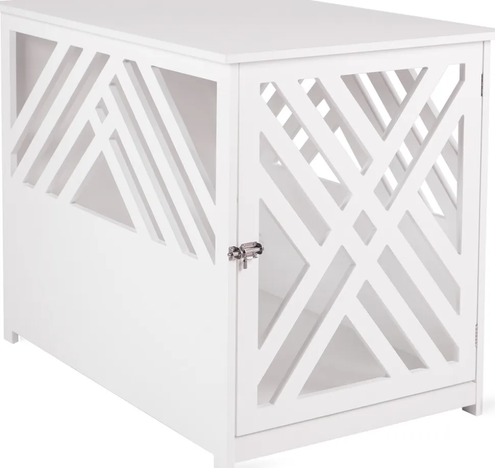 WONDERMAKE® Design Hundekäfig aus Holz für Zuhause Wohnung mit Beistelltisch, Hundebox fürs Wohnzimmer Indoor, 90x60 cm weiß
