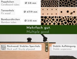WONDERMAKE® Design Insektenhotel aus Holz mit 7 Zimmern und Terrasse, Bienenhotel groß hängend Nisthilfe für Wildbienen, 48 x 10,5 x 27 cm, braun schwarz