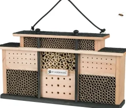 WONDERMAKE® Design Insektenhotel aus Holz mit 7 Zimmern und Terrasse, Bienenhotel groß hängend Nisthilfe für Wildbienen, 48 x 10,5 x 27 cm, braun schwarz