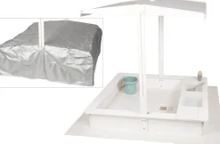 WONDERMAKE® Design Sandkasten mit Matschküche, Dach, Abdeckung OXFORD 420D, Vliesfolie, Sandkiste Holz quadratisch verschließbar Outdoor Garten für Kinder, weiß silber
