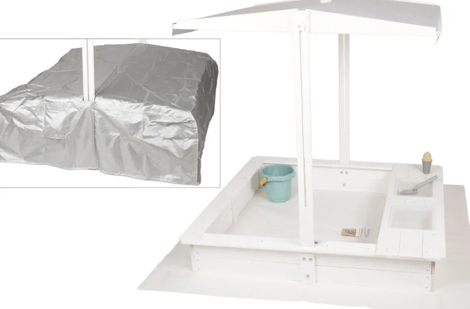WONDERMAKE® Design Sandkasten mit Matschküche, Dach, Abdeckung OXFORD 420D, Vliesfolie, Sandkiste Holz quadratisch verschließbar Outdoor Garten für Kinder, weiß silber