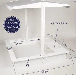 WONDERMAKE® Design Sandkasten mit Matschküche, Dach, Abdeckung OXFORD 420D, Vliesfolie, Sandkiste Holz quadratisch verschließbar Outdoor Garten für Kinder, weiß silber