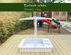 WONDERMAKE® Design Sandkasten mit Matschküche, Dach, Abdeckung OXFORD 420D, Vliesfolie, Sandkiste Holz quadratisch verschließbar Outdoor Garten für Kinder, weiß silber