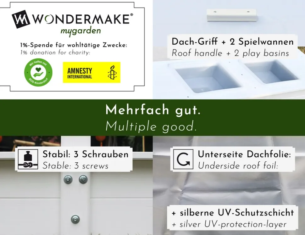 WONDERMAKE® Design Sandkasten mit Matschküche, Dach, Abdeckung OXFORD 420D, Vliesfolie, Sandkiste Holz quadratisch verschließbar Outdoor Garten für Kinder, weiß silber