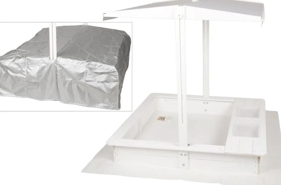WONDERMAKE® Design Sandkasten mit Matschküche, Dach, Abdeckung OXFORD 420D, Vliesfolie, Sandkiste Holz quadratisch verschließbar Outdoor Garten für Kinder, weiß silber