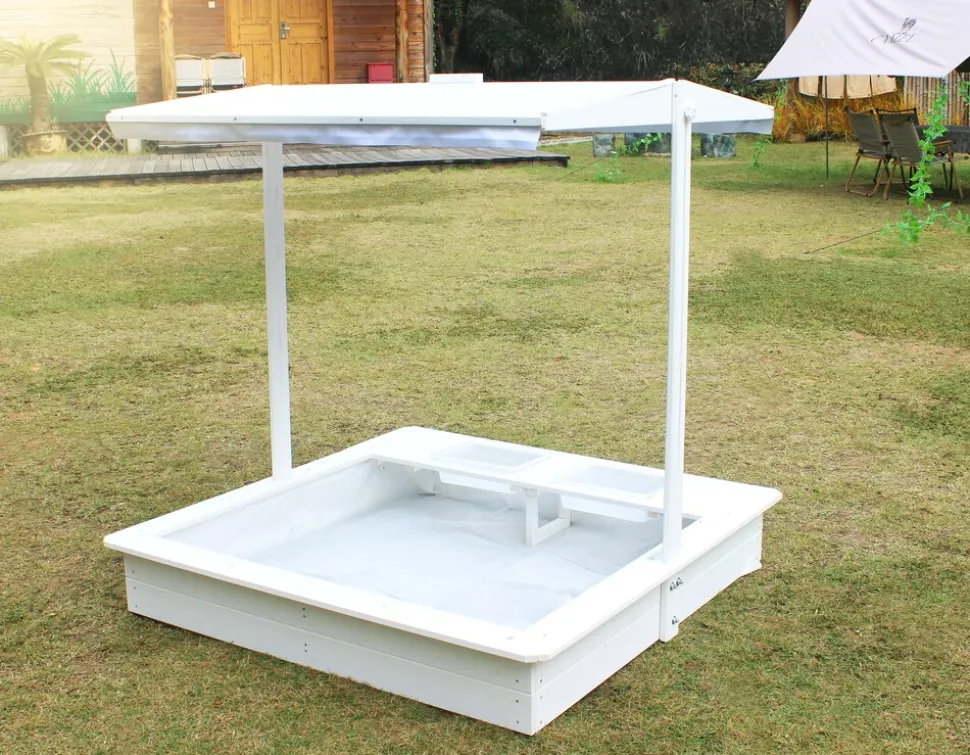 WONDERMAKE® Design Sandkasten mit Matschküche, Dach, Abdeckung OXFORD 420D, Vliesfolie, Sandkiste Holz quadratisch verschließbar Outdoor Garten für Kinder, weiß silber