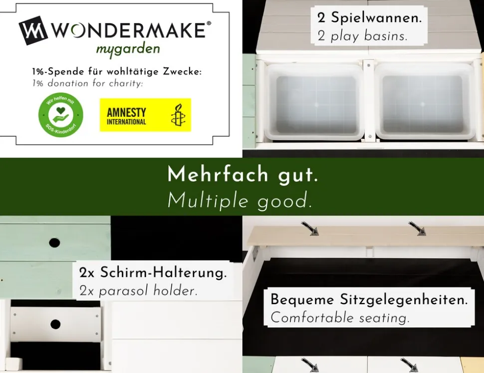 WONDERMAKE® Design Sandkasten mit Matschküche, Abdeckung OXFORD 420D, Vliesfolie, Sandkiste Holz quadratisch verschließbar Outdoor Garten für Kinder, weiß bunt