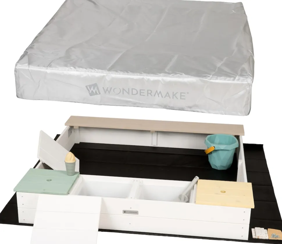 WONDERMAKE® Design Sandkasten mit Matschküche, Abdeckung OXFORD 420D, Vliesfolie, Sandkiste Holz quadratisch verschließbar Outdoor Garten für Kinder, weiß bunt