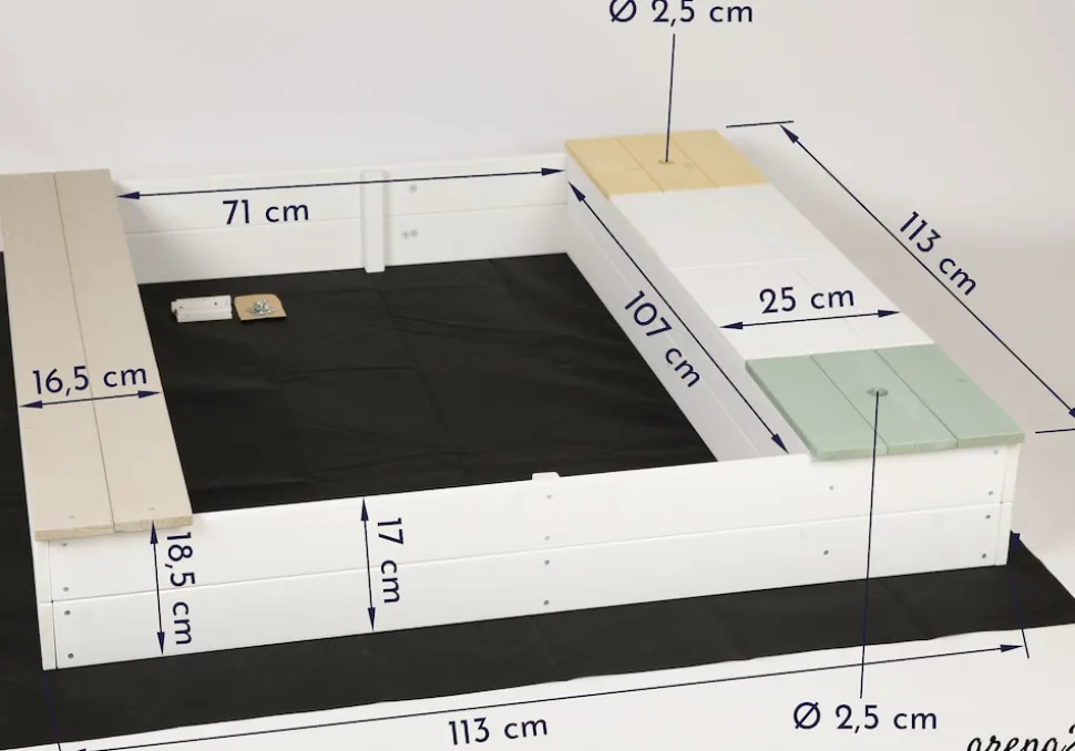 WONDERMAKE® Design Sandkasten mit Matschküche, Abdeckung OXFORD 420D, Vliesfolie, Sandkiste Holz quadratisch verschließbar Outdoor Garten für Kinder, weiß bunt